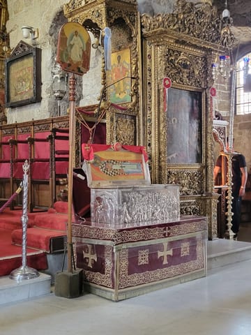 The silver reliquary of Saint Lazarus displayed inside the church