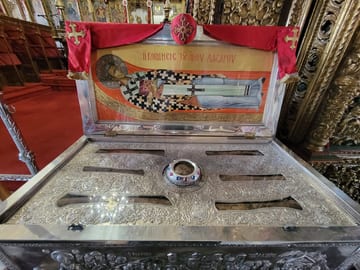 Relics attributed to Saint Lazarus visible inside a glass-topped silver box