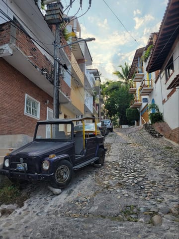 A steep cobblestone street in a Puerto Vallarta hillside neighborhood