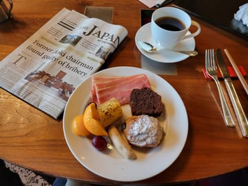 Coffee, pastries, fruit, and bacon at the New Otani Hotel breakfast buffet
