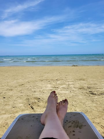 A view of the sea and sandy beach from a lounge chair